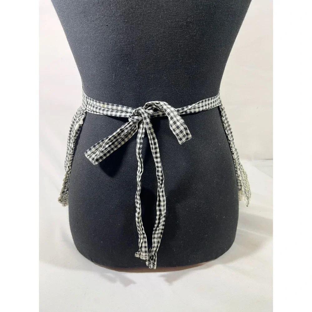 VTG Gingham 1/2 Apron Women Black White Chicken Scratch Embroidery Rickrack Trim